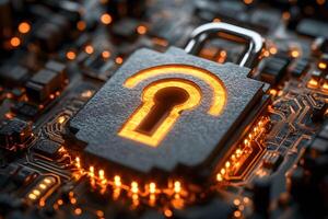 Cybersecurity Technology Concept with Glowing Lock Icon on Circuit Board photo