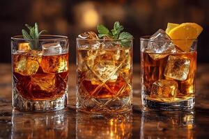 Refreshing Whiskey Cocktails with Ice and Citrus Garnish Beverage Photography for Menus photo
