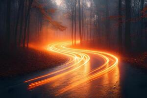 Mystical Autumn Forest with Illuminated Light Trails on a Foggy Pathway photo