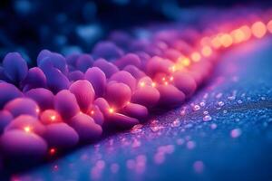 Enchanting Floral Pathway with Glowing Petals and Dewdrops in Dreamy Light photo