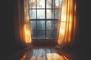 Autumn Sunlight Streaming Through Window Curtains - Cozy Seasonal Atmosphere for Home Decor photo