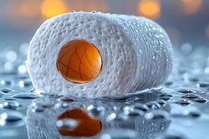 Wet Toilet Paper Roll Concept with Water Drops and Reflections for Hygiene and Freshness Themes photo