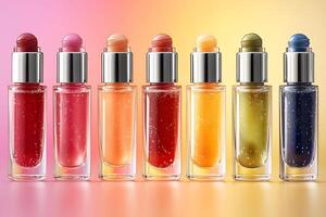Vibrant Lip Gloss Collection on Gradient Background for Beauty and Fashion Marketing photo