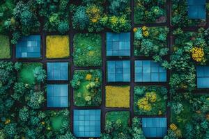 Aerial View of Geometric Greenhouse Gardens in Lush Forest Setting photo