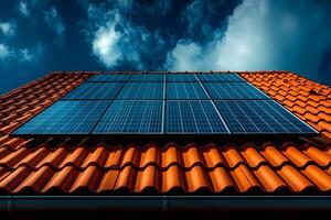 Renewable Energy Concept with Solar Panels on Red Tiled Roof Against Blue Sky photo