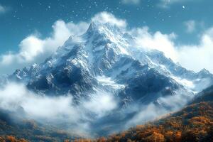 Majestic Snow-Covered Mountain Peak with Autumn Forest and Cloudscape photo