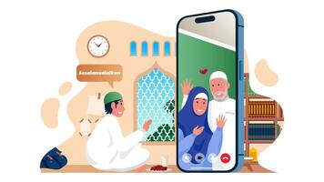 Family distance in Ramadan, discussing over phone call, 2D character animation showing conversation, family connection, Ramadan dialogue, Islamic theme animation video