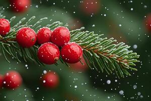 Festive Winter Holiday Scene with Snow-Dusted Red Berries on Evergreen Branch photo
