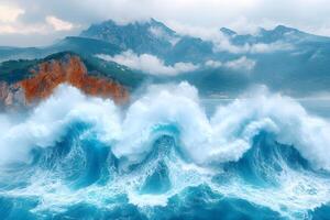 Majestic Ocean Waves Crashing Against Rocky Mountain Landscape for Nature Photography photo