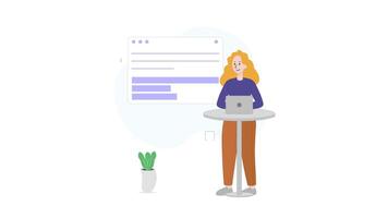 A Woman Standing at a Table with a Laptop, 2D Woman Working in an Office, 2D Business Explainer Animation, 4K Resolution video