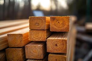 Stacked Lumber in Sunlight for Construction and Carpentry Projects photo