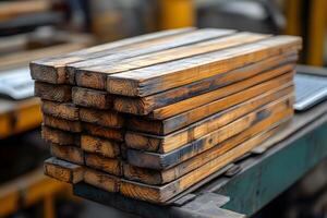 Stack of Weathered Wooden Planks on Industrial Workbench for Carpentry Projects photo