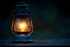 Antique Lantern with Glowing Light in Tranquil Darkness for Rustic Decor and Design photo