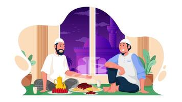 Two Muslim Men Sitting at the Table, Breaking Fast in Ramadan Mubarak, 2D Animation for Ramadan Iftar, Islamic Holiday Celebration, 4K Motion Graphics video