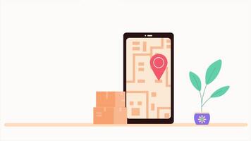 The Mobile Phone as a Delivery Device with Map Location, 2D Delivery Service Animation, 4K Resolution video