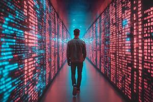 Futuristic Digital Corridor Man Walking Through Data-Driven Environment for Tech Innovation photo