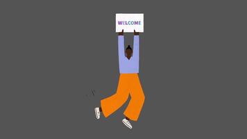 Cartoon Man Holding Welcome Sign, 2D Animation for Greetings, Introductions, and Friendly Messages, Perfect for Intros and Social Media Animations video