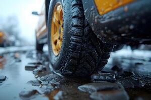 Car Tire on Wet, Muddy Terrain with Reflective Surface for Off-Road Adventure Theme photo
