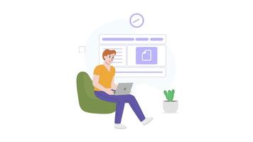 2D Man Sitting on Chair with Laptop and Phone, Businessman Working on Desk, 2D Explainer Animation of Business, 4K Resolution video