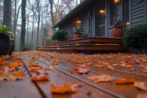 Autumn Leaves on Wooden Deck in Forest Retreat Setting photo