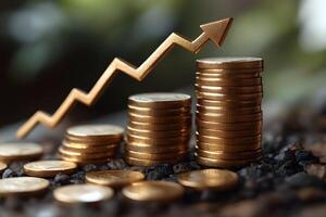 Financial Growth Concept Featuring Stacked Coins and Rising Arrow for Investment Success photo
