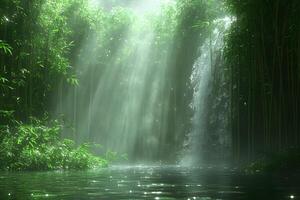 Tranquil Bamboo Forest Waterfall Scene with Sunlight and Lush Greenery photo
