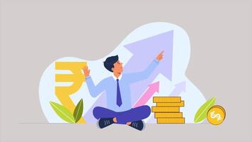 Geschäftsmann Sitzung auf das Fußboden mit Geld und Währung, wachsend Geschäft mit Diagramm Animation, 2d Animation im 4k Auflösung, finanziell Wachstum Konzept video