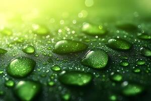 Refreshing Green Dew Drops on a Leaf with Sunlight Bokeh for Nature Background Design photo