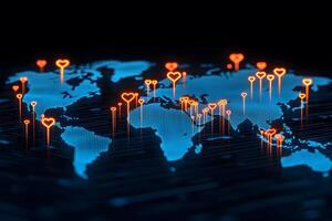 Global Connectivity Concept with Heart-Shaped Indicators on Digital World Map photo
