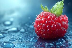 Fresh Raspberry with Dew on Blue Surface Macro Photography for Food and Beverage Design photo