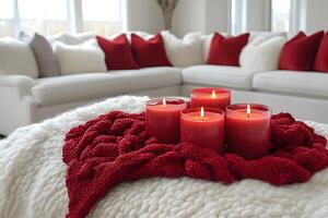 Cozy Winter Decor with Lit Red Candles in Modern Living Room Design photo