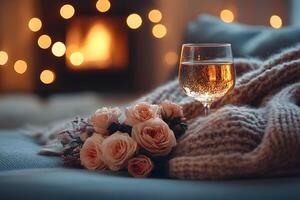 Cozy Autumn Evening with Wine and Roses by the Fireplace - Perfect for Relaxation Themes photo