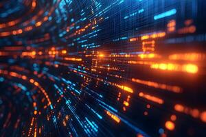 Abstract Digital Data Stream with Glowing Orange and Blue Particles for Technology Concepts photo