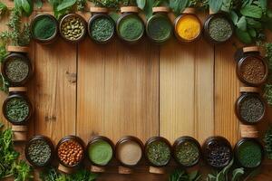 Herbal Framework Assorted Spices in Jars on Wooden Surface for Culinary Design and Inspiration photo