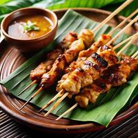 Chicken satay on a plate with dipping sauce photo