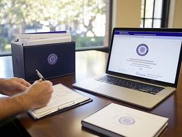 Man completes paperwork, online form visible on laptop, office background photo