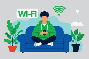 Young Man Relaxing with Wi-Fi and Smartphone vector