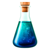Blue Liquid in Glass Flask with Cork Stopper and Sparkling Effects png