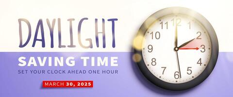 Spring Forward. Daylight saving time banner with realistic black 3d wall clock bright sun rays and bokeh on lilac background. Set your clock ahead one hour on 30 March 2025 vector