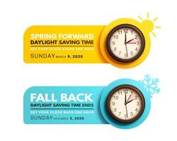 Spring Forward and Fall back concept design isolated on white background. Daylight saving time ends. Realistic black clocks. 3d Clock with hands moving ahead and backward one hour vector