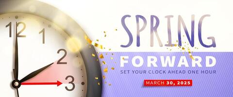 Spring Forward. Daylight saving time banner with realistic black 3d clock bright sun rays and bokeh on lilac background. Text reminder of time change one hour forward for website vector