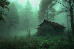 An Enigmatic Cabin shrouded in a Mysterious Green Fog within a Dense Forest photo