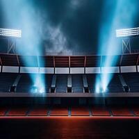Empty Stadium at Night with Dramatic Lighting and Fog Effect Showing Rows of Seats photo