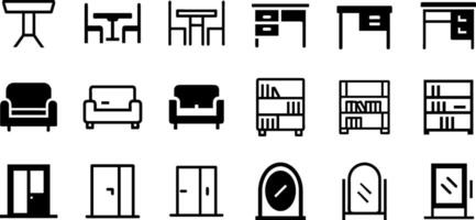 Furniture and Home Icon Set Dining Table Desk Sofa Bookshelf Door Mirror vector