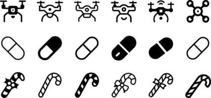 Drone Pill and Christmas Candy Cane Icon Set Festive and Tech Collection vector
