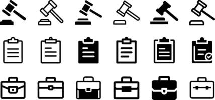 Justice and Business Icon Set Judge Gavel Clipboard Briefcase vector