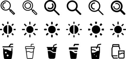 Magnifying Glass Brightness and Soft Drink Icon Set Exploration Essentials Collection vector