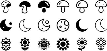 Enchanted Flora and Celestial Icon Set Mushroom Moon Sunflower vector