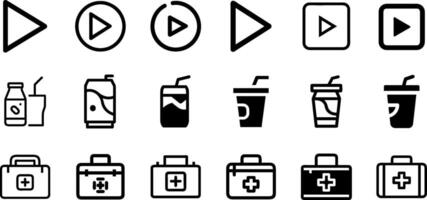 Play Button Soft Drink and First Aid Kit Icon Set Fun and Safety Collection vector