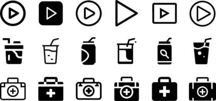 Diverse Icons Play Button Soft Drink and First Aid Kit Pack vector